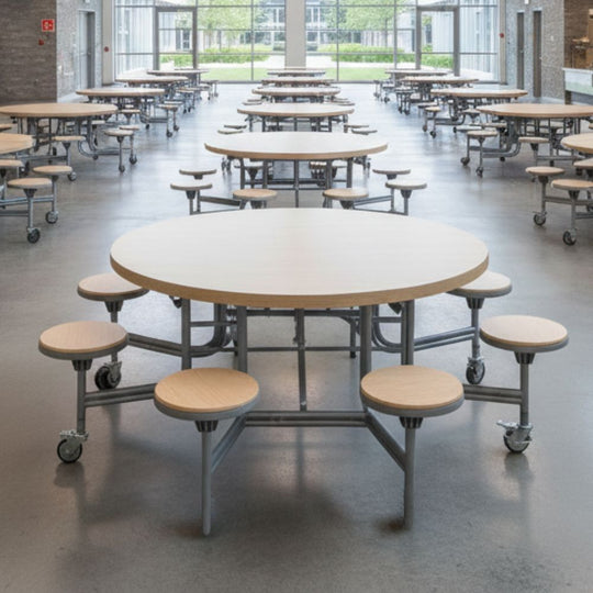 8 Seat Circular Foldable Oak Canteen Table with Oak Stools - 11+ Years