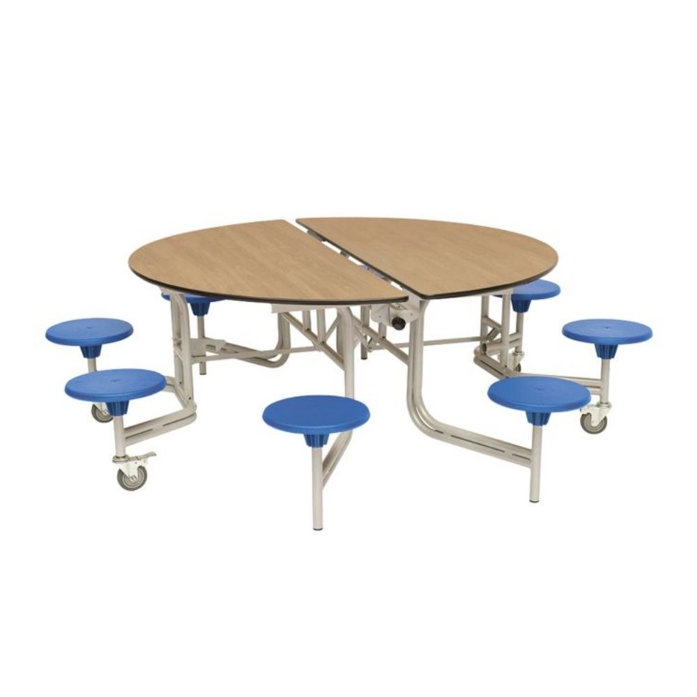 Round cafeteria table with foldable wood top, eight blue stools, and wheeled metal frame for mobility.