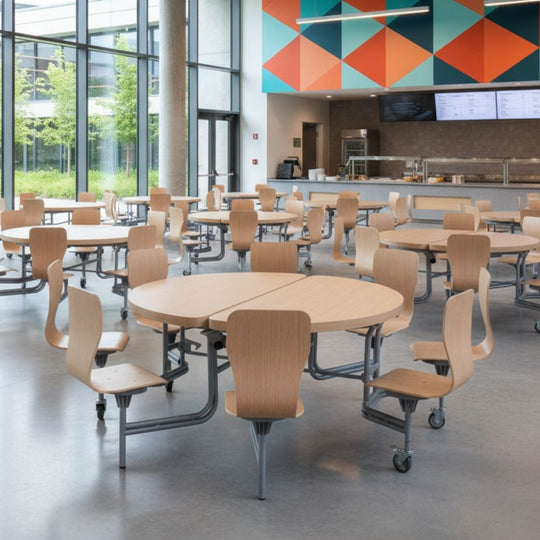 8 Seat Circular Foldable Oak Canteen Table with Full Back Oak Seats - 11+ Years