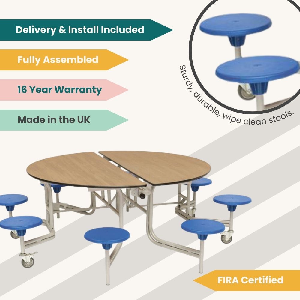 Promotional graphic of round folding table with eight blue stools and tags for UK manufacture, 16-year warranty, FIRA certification, full assembly, and delivery included.