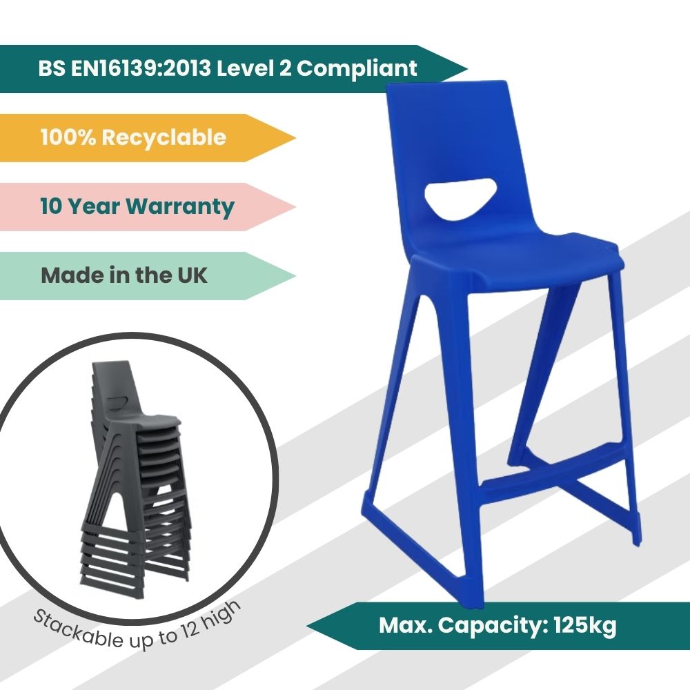 An informative graphic of a royal blue high-tensile stool showcasing its space-efficient vertical stacking of 12 units, 125kg weight capacity, and 10-year manufacturer warranty.