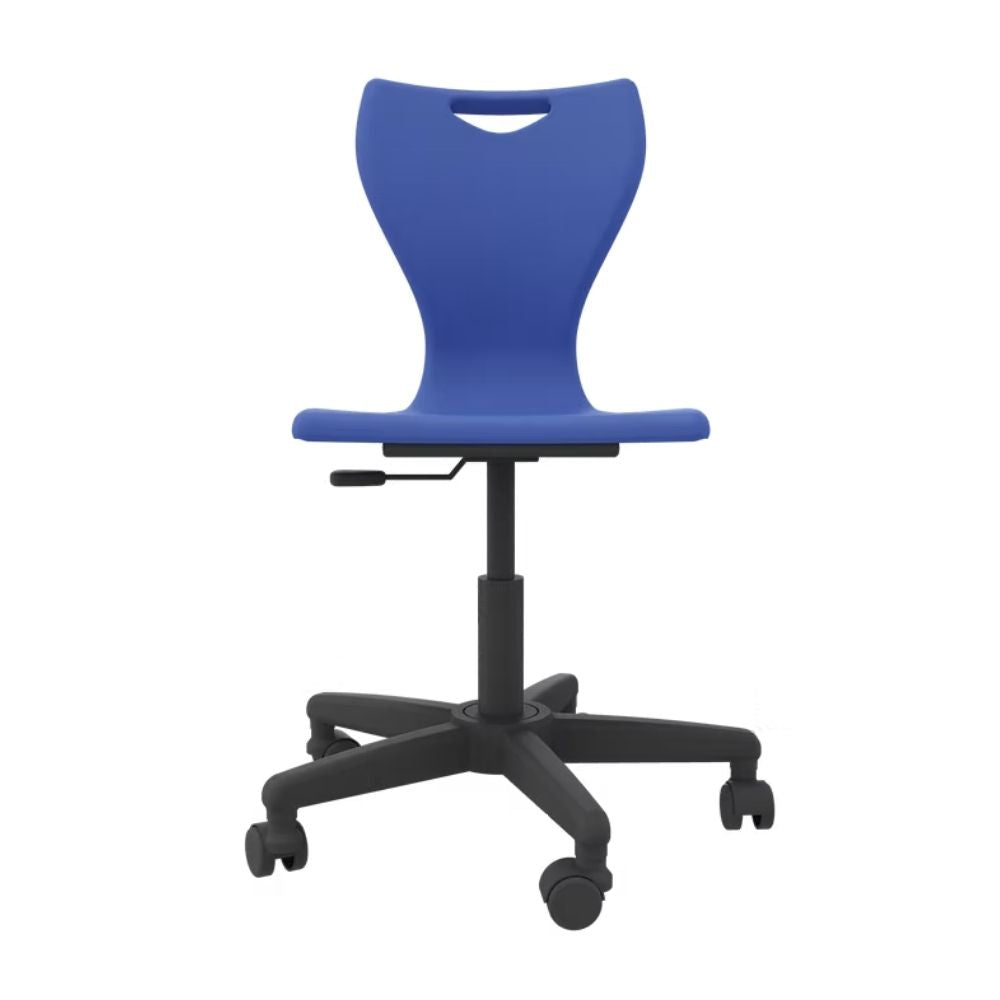 A royal blue ergonomic computer chair with a height-adjustable gas lift and a five-arm star base on castors, ideal for secondary school ICT suites.
