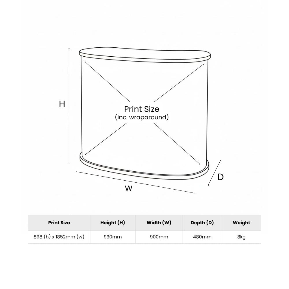 Technical diagram of RSPCA promotional counter showing height, width, depth, and wraparound print area for branded event setup.