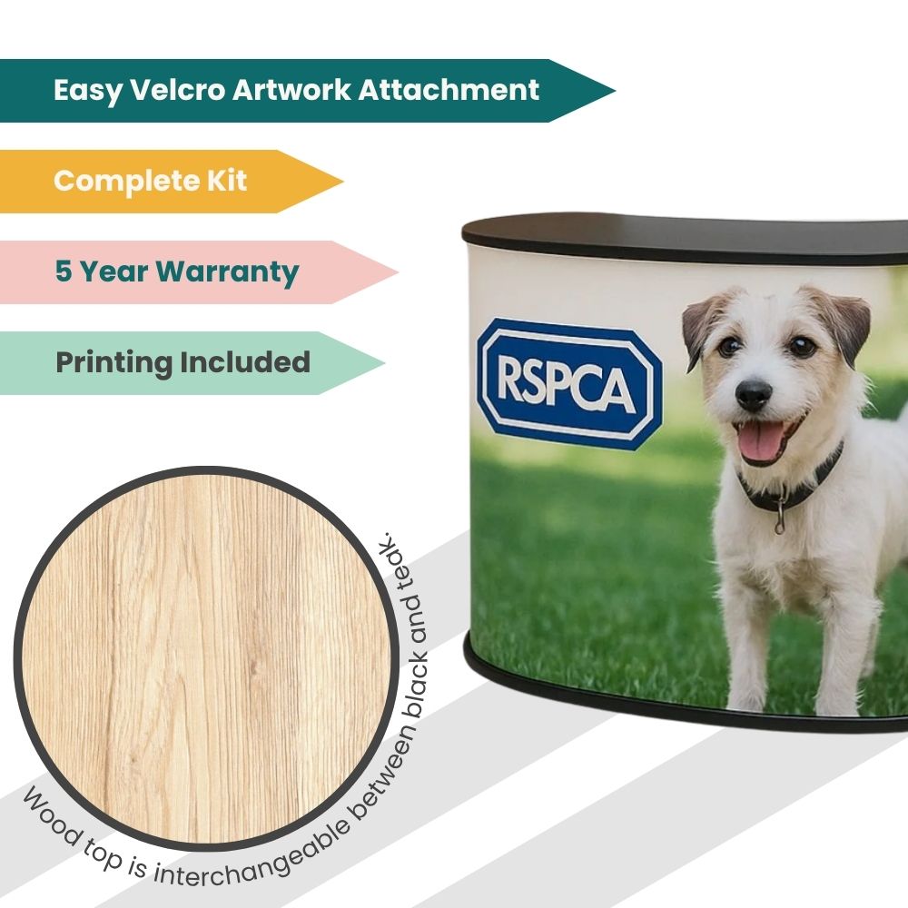 RSPCA branded counter with dog graphic wrap, Velcro artwork attachment, interchangeable wood top, and 5-year warranty for exhibitions.