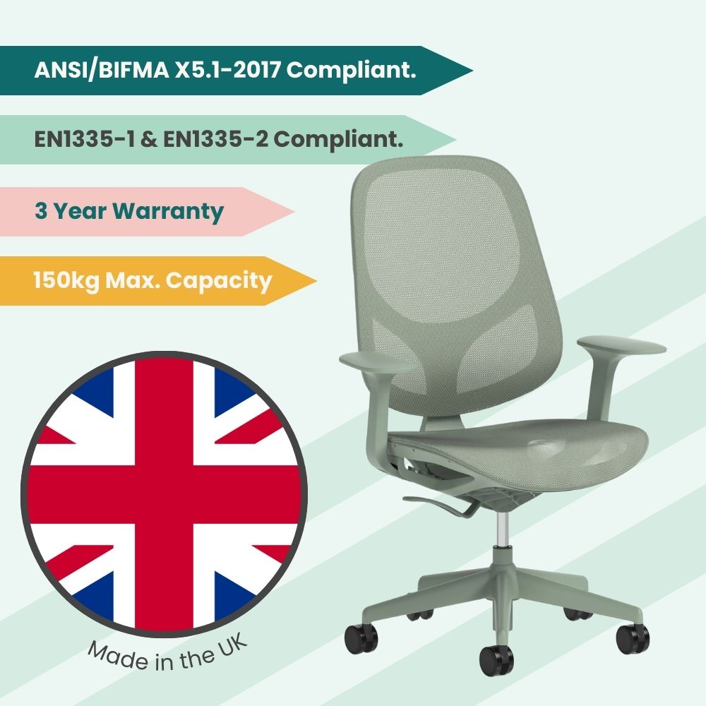 Sage green all-mesh ergonomic task chair shown with UK flag and compliance highlights, including ANSI/BIFMA certification, 150kg maximum capacity, 3-year warranty, and British-made label.