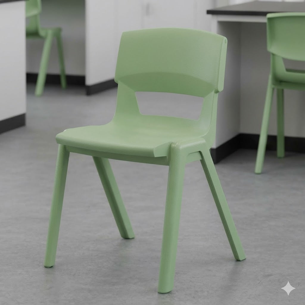 A sage green plastic chair in a bright science lab with white cabinetry and grey flooring, designed for secondary school practical learning environments.