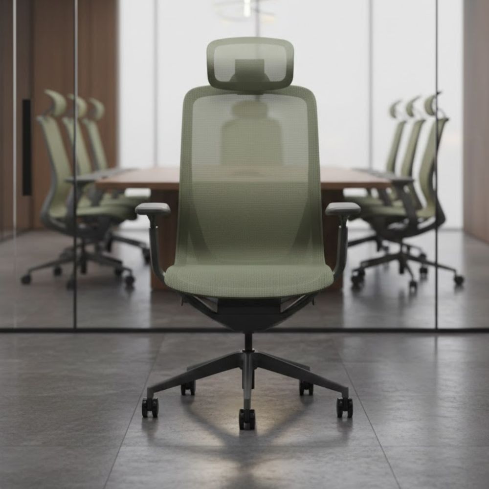Sage green mesh office chair featuring a headrest and adjustable armrests, positioned in a sleek glass-walled boardroom with a wooden conference table.