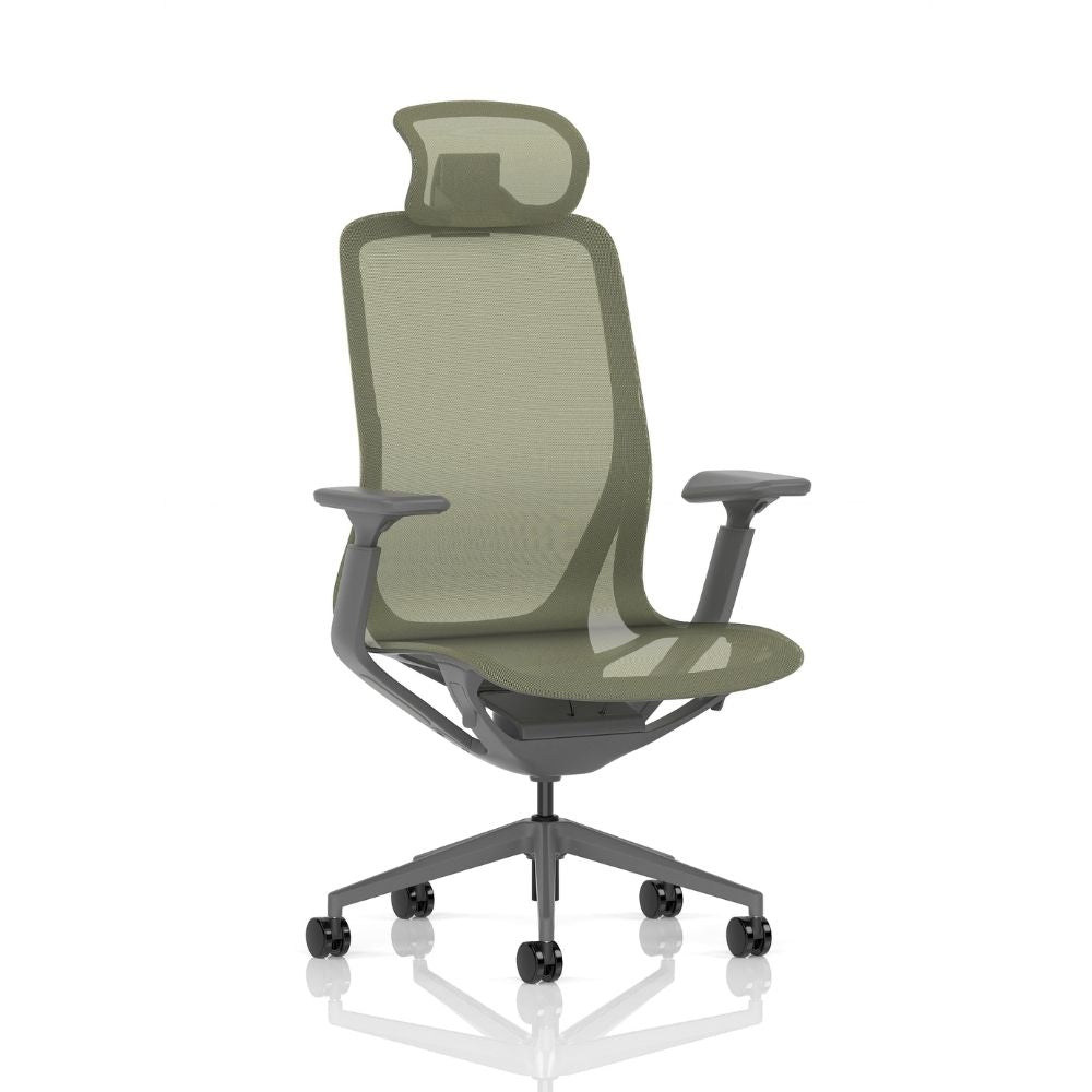 Sage green high-back ergonomic office chair with breathable mesh, adjustable armrests and headrest, and a five-wheel swivel base, displayed against a white background.