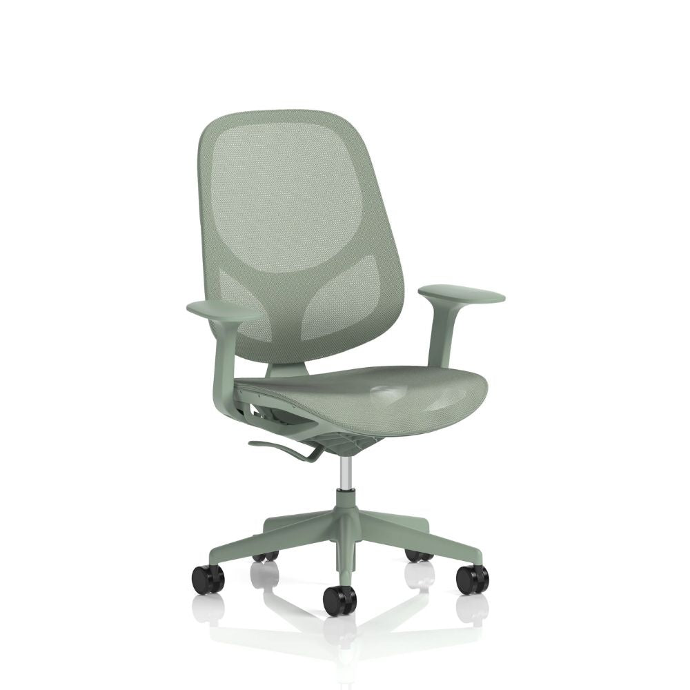 Side view of a sage green ergonomic office chair with mesh backrest and seat, adjustable armrests, and black castor wheels on a five-star swivel base against a white background.