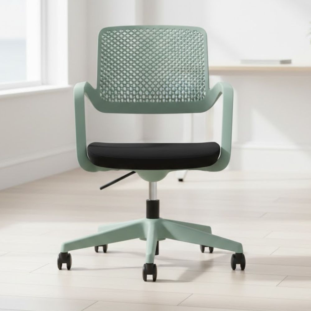 Sage green swivel office chair with perforated plastic backrest, black seat pad and five star base with castors, ideal for contemporary home or office workspaces.