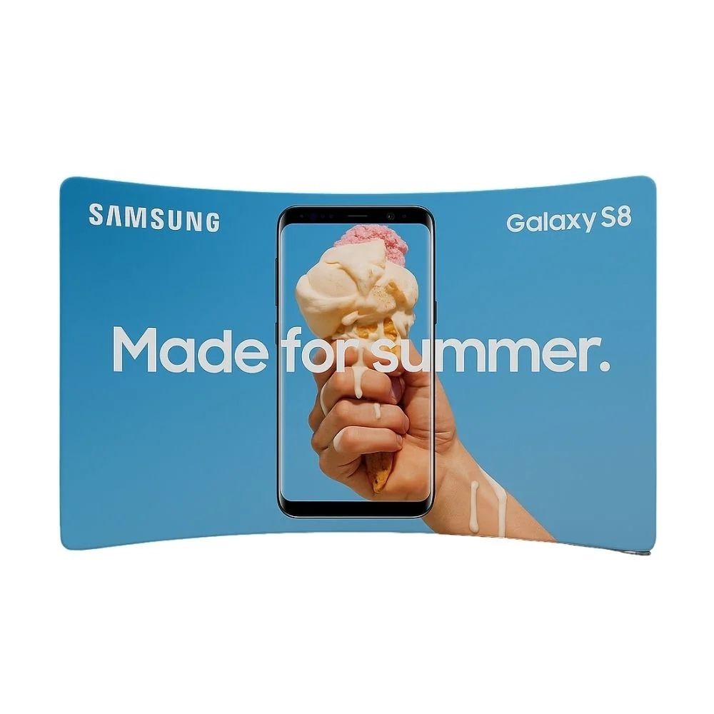 Samsung Galaxy S8 promotional banner with melting ice cream visual and slogan “Made for summer,” showcasing vibrant screen quality.