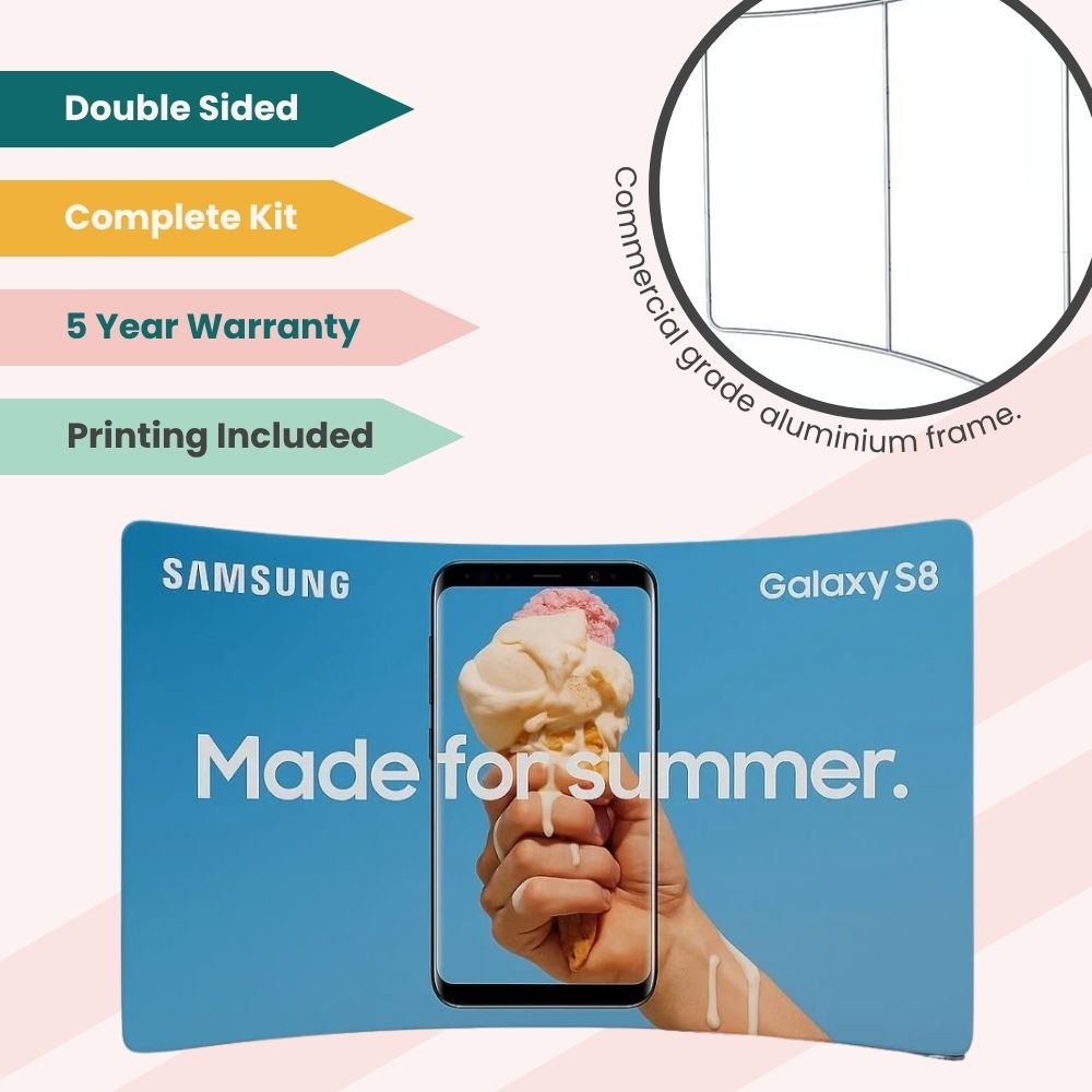 Samsung Galaxy S8 branded display with curved backdrop, commercial-grade aluminium frame, and features like double-sided printing and 5-year warranty.