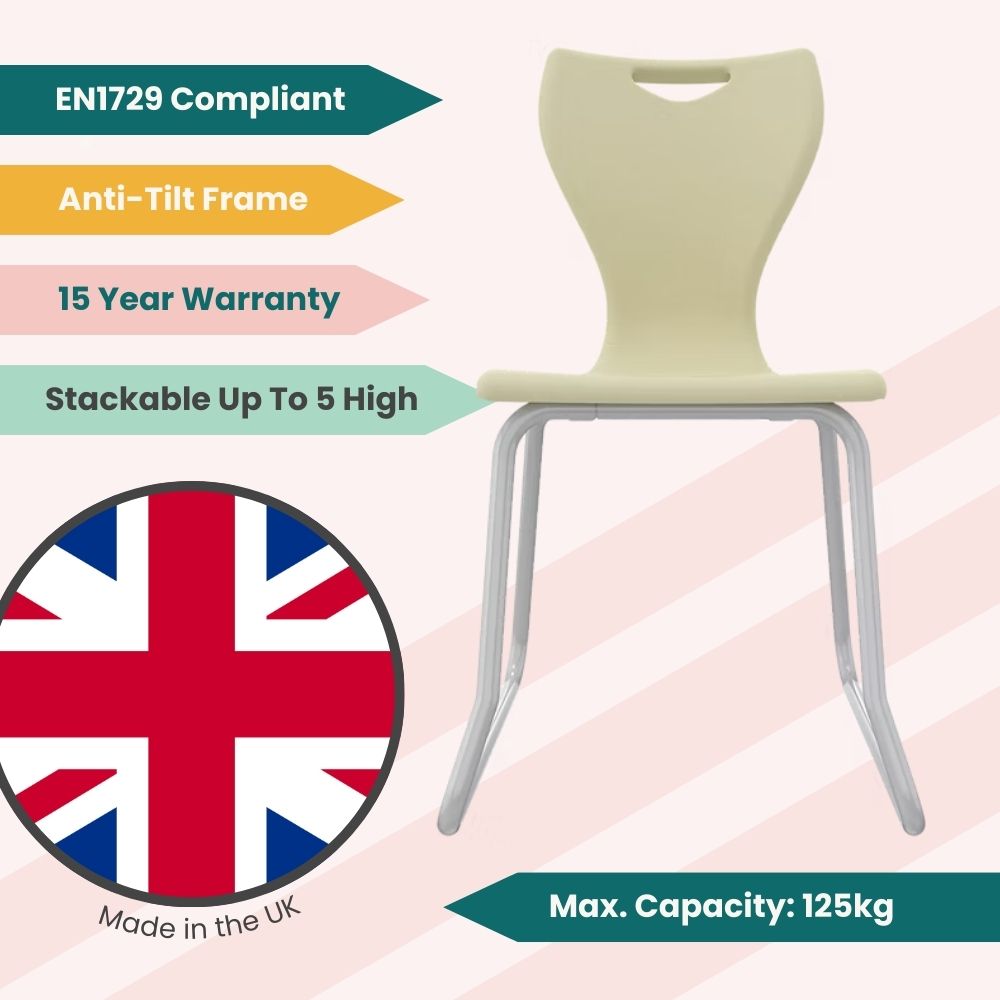 Sand-coloured adult-sized classroom seat with scuff-resistant runners and a continuous metal base to protect floors and prevent backward tilting in colleges.