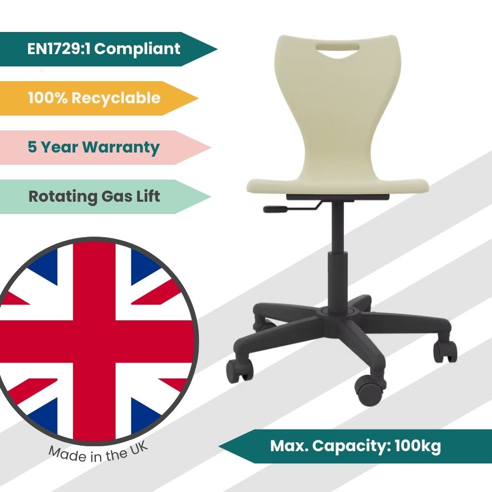 Infographic of a sand-coloured mobile task chair highlighting its 360-degree rotation, 100% recyclable reinforced shell, and 5-year structural warranty.