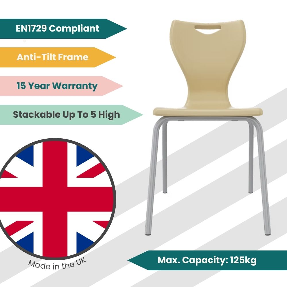 Sand-toned educational seat featuring high-strength moulded plastic and a low-maintenance grey frame, specifically designed for university or college breakout areas.