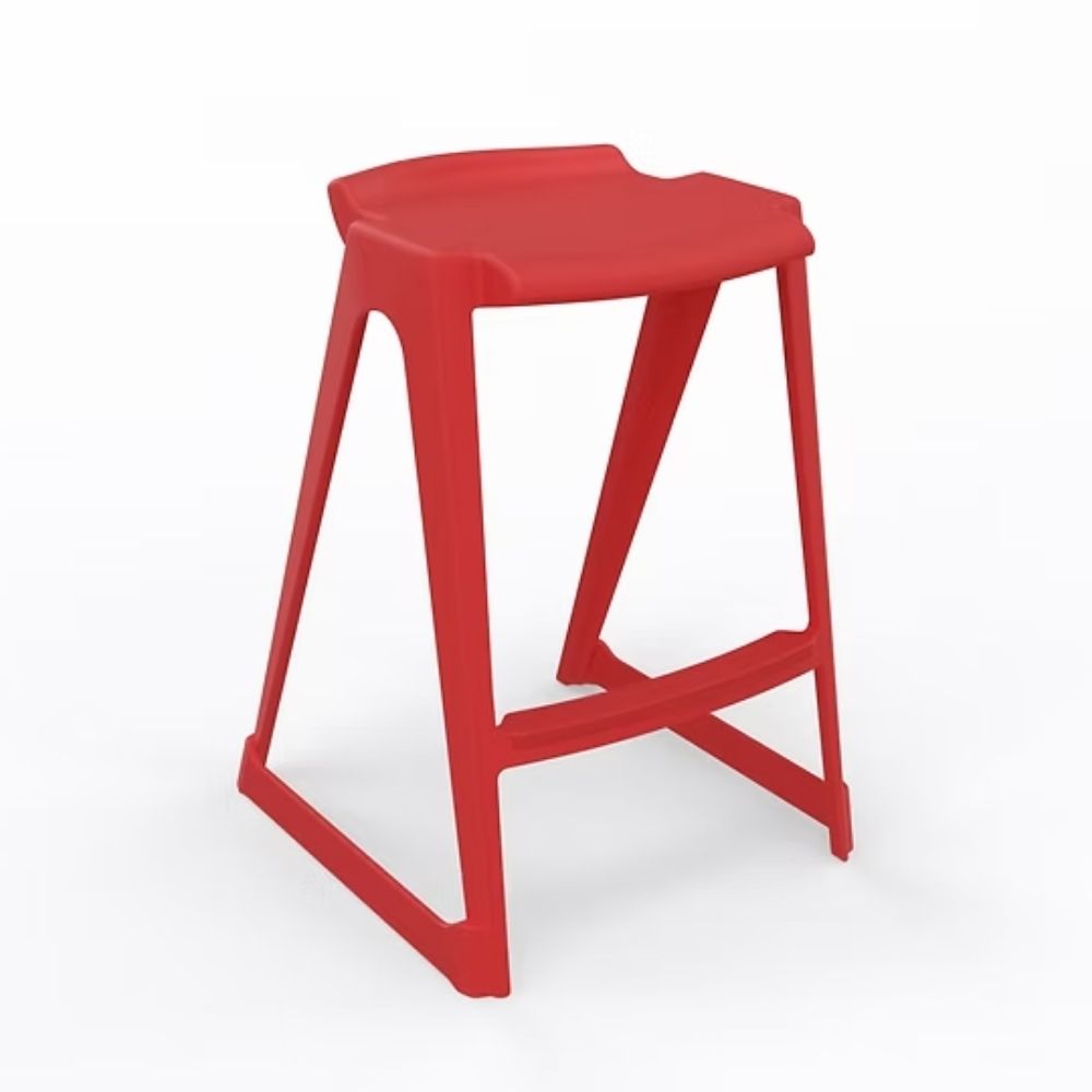 A durable high-visibility scarlet polymer low back stool with a 610mm seat height, featuring an integrated anti-sway chassis and contoured lumbar support for school science labs.