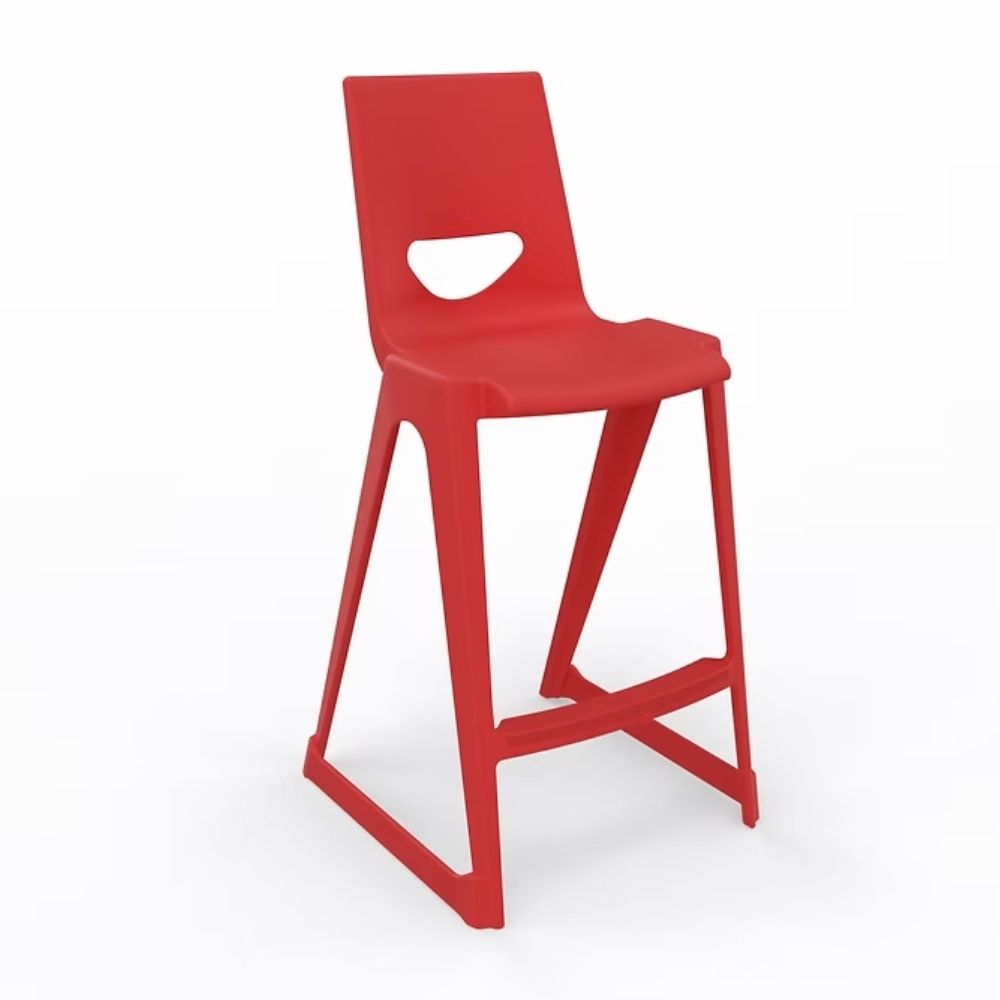A high-visibility scarlet shell stool with a 610mm seat height, featuring anti-tilt safety geometry and an ergonomic high back for secure use in school science labs.