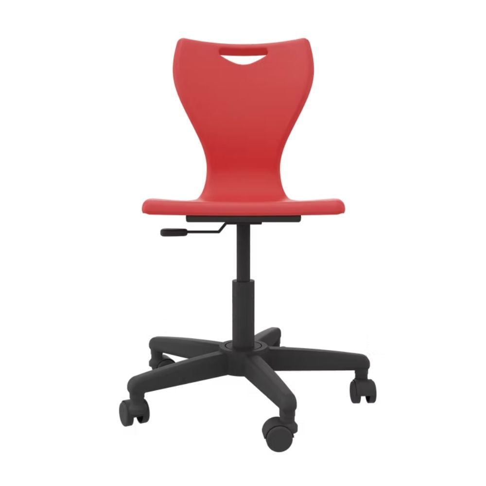 A vibrant scarlet-red student swivel chair featuring a height-adjustable pneumatic lift and a five-arm base with precision glide castors for school computer labs.