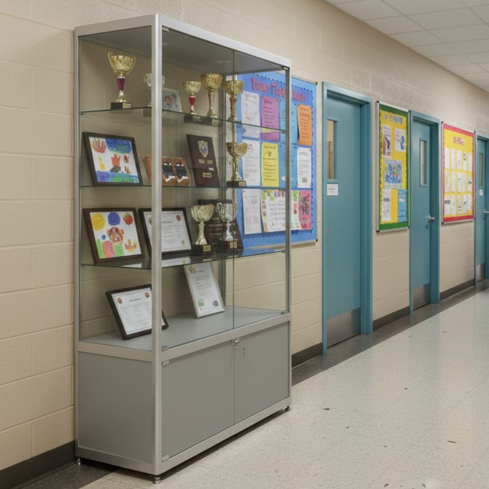 silver-glass-display-cabinet-filled-with-trophies-certificates-and-student-artwork-positioned-in-a-school-corridor-with-classroom-doors