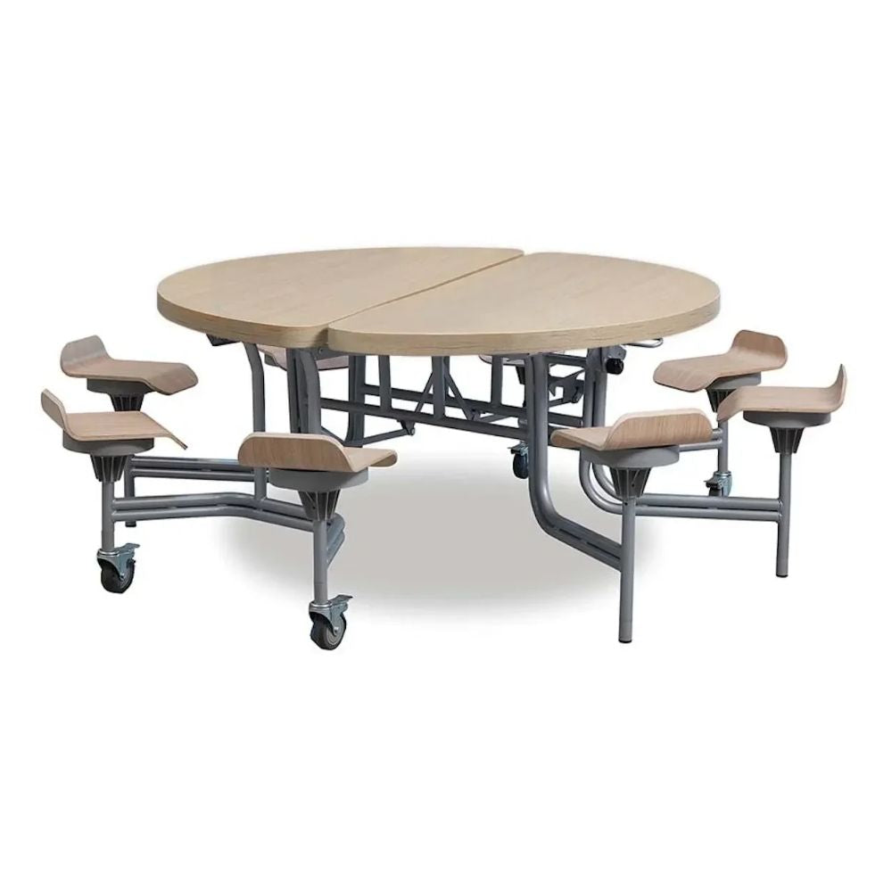 Round folding dining table with attached laminated oak finish lipped seats on a mobile frame, ideal for school lunchrooms and educational environments.