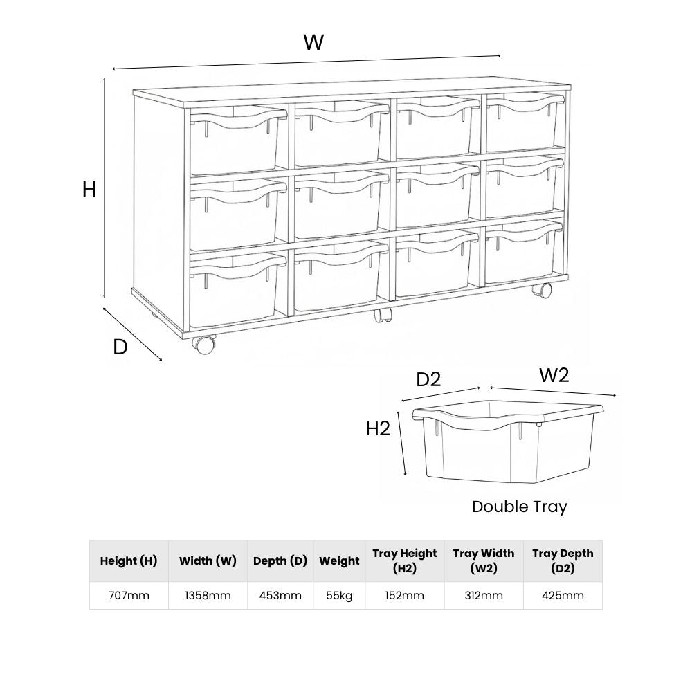 Line drawing displaying full dimensions of a classroom storage unit with double trays, including unit height, width, depth, weight, and individual tray measurements.