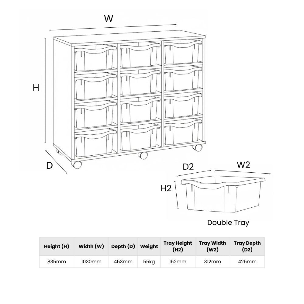 Technical illustration of a school tray unit with three columns of double-height trays, including measurements for overall height, width, depth, weight, and full tray dimensions.