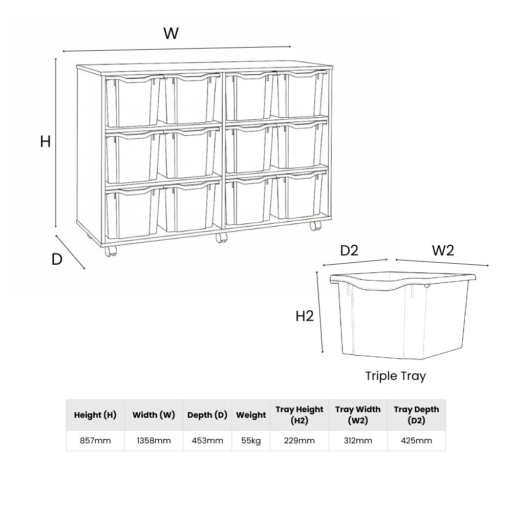 Black-and-white technical diagram of a triple tray school storage unit, including overall dimensions, weight, and detailed measurements of individual tray height, width, and depth.