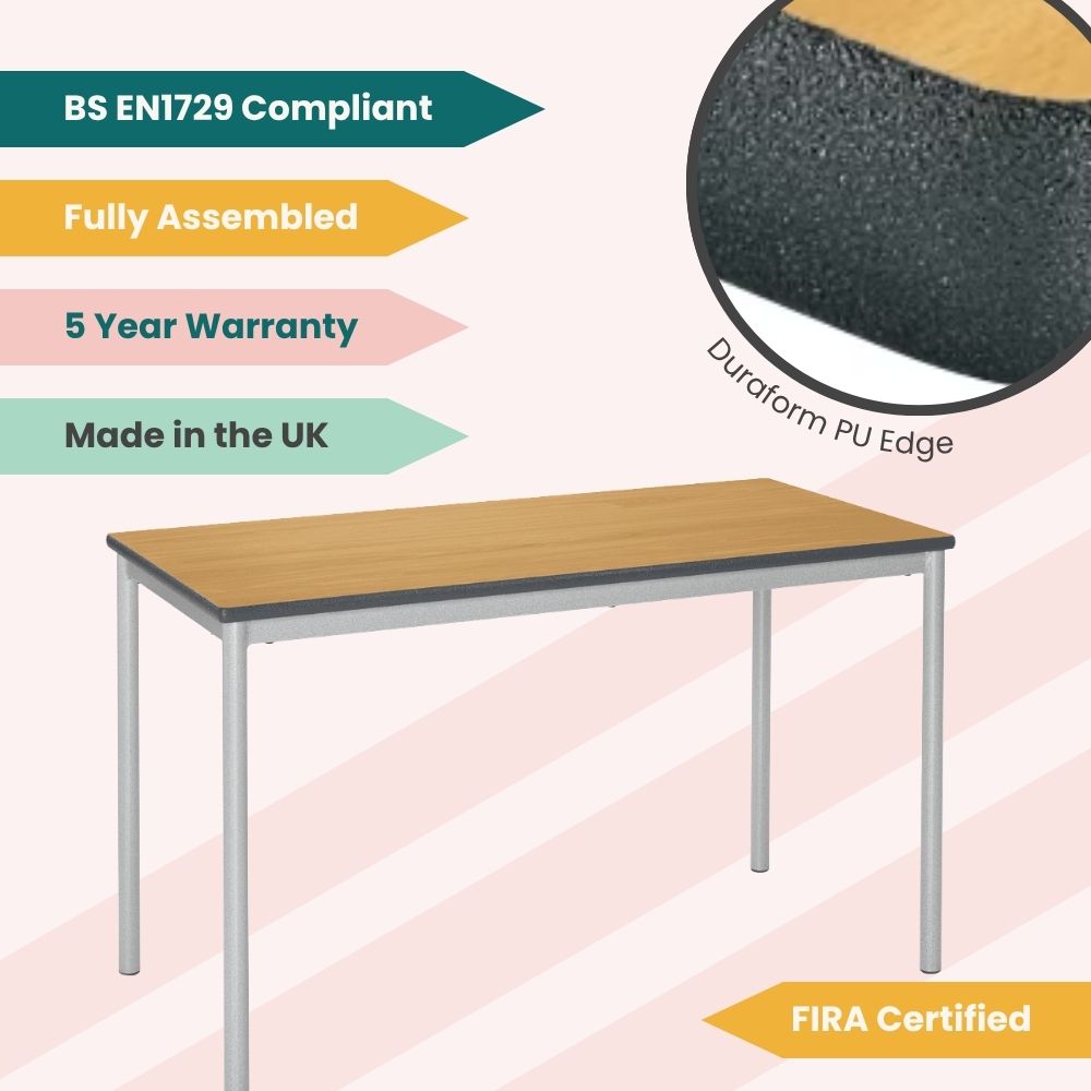 Educational table with beech top and duraform PU edge, shown with BS EN1729 compliance, full assembly, five-year warranty, UK manufacturing, and FIRA certification.