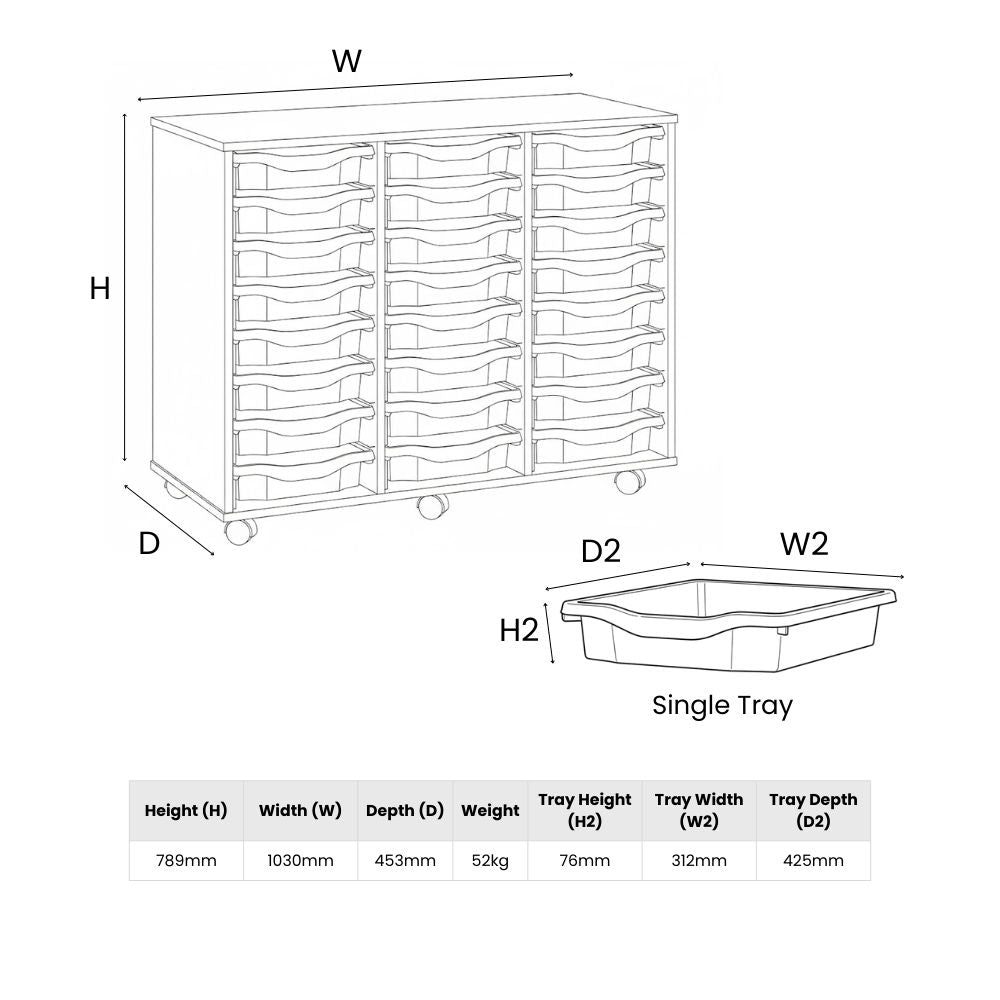 Technical line drawing showing dimensions of a school tray storage unit with three columns of trays, including detailed measurements for unit height, width, depth, weight, and individual tray size.