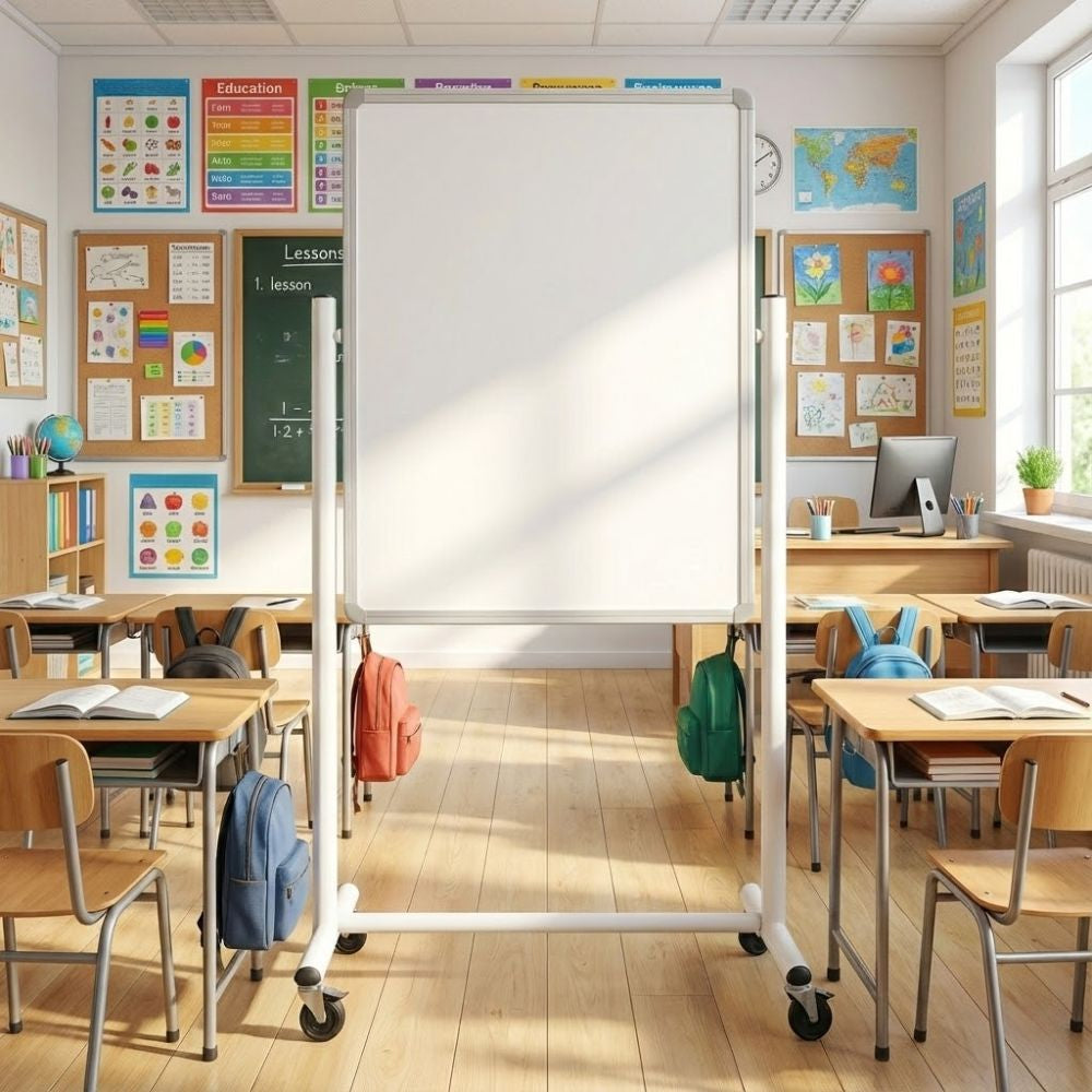 A classroom whiteboard on wheels placed centrally in a colourful primary school classroom with desks, chairs, and educational posters.