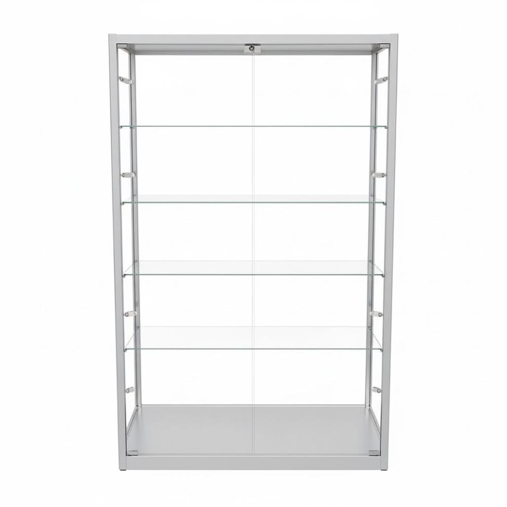 Silver glass display cabinet with multiple tempered shelves, integrated LED spotlights, fire safety tested design, and secure locking system.