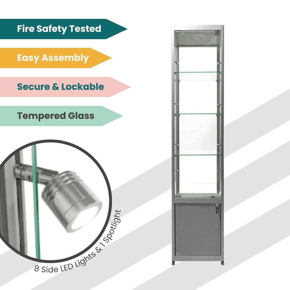 Slim silver showcase with tempered glass panels, lockable base, and energy-efficient LED lighting for enhanced product visibility.