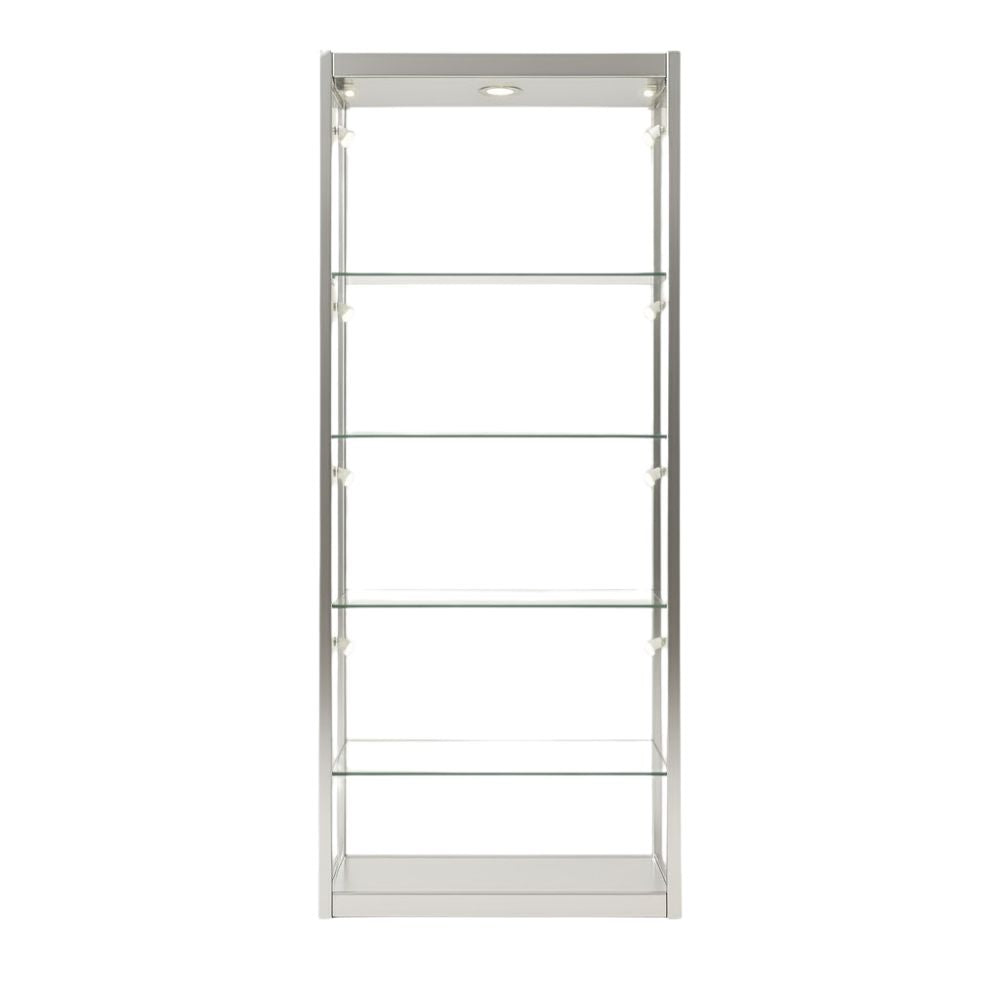 Front view of a silver glass display cabinet with five tempered glass shelves, integrated LED spotlight at the top, and a lockable base.