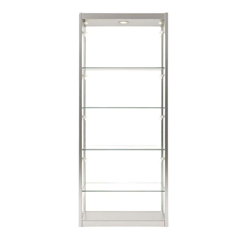 Front view of a silver glass display cabinet with five tempered glass shelves, integrated LED spotlight at the top, and a lockable base.