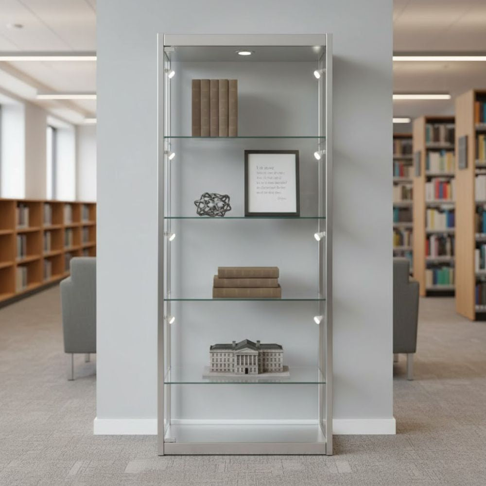 Silver framed glass display cabinet holding books, decorative objects and an architectural scale model, set within a quiet library environment.