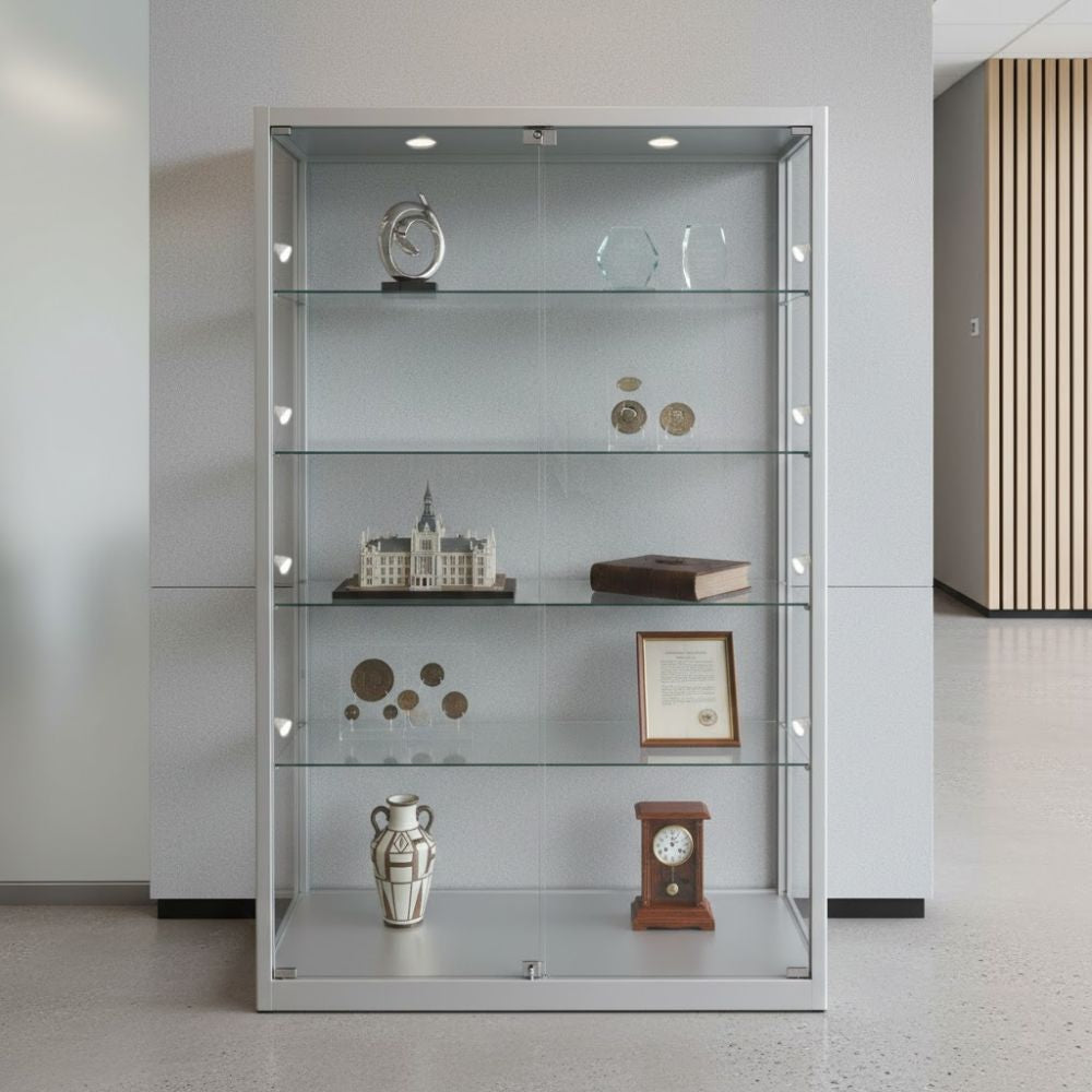 Silver aluminium framed glass display cabinet presenting coins, awards, certificates, a classical vase, a mantel clock and an architectural model in a contemporary interior setting.