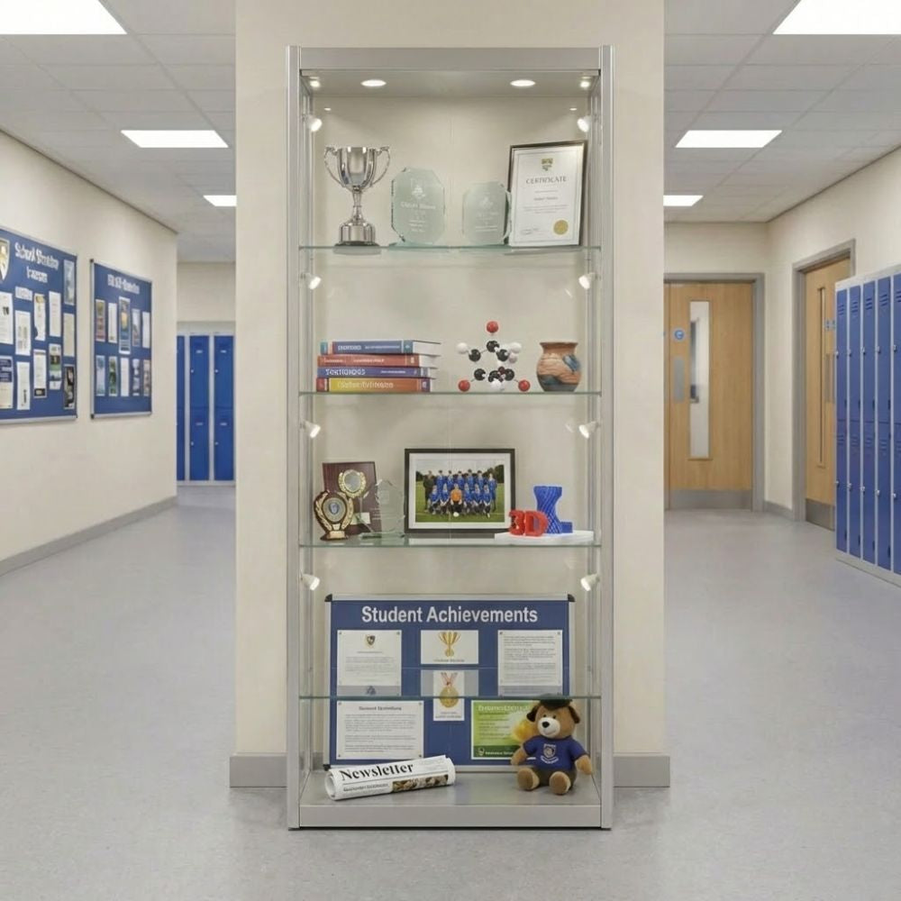 Silver aluminium framed glass display cabinet showcasing student trophies, certificates, books and achievements, positioned in a bright school corridor with lockers.