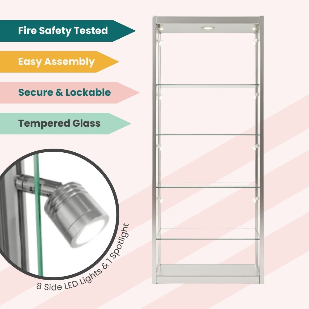 Silver glass display cabinet featuring tempered glass shelves, LED side lights, fire safety certification, and secure locking mechanism.