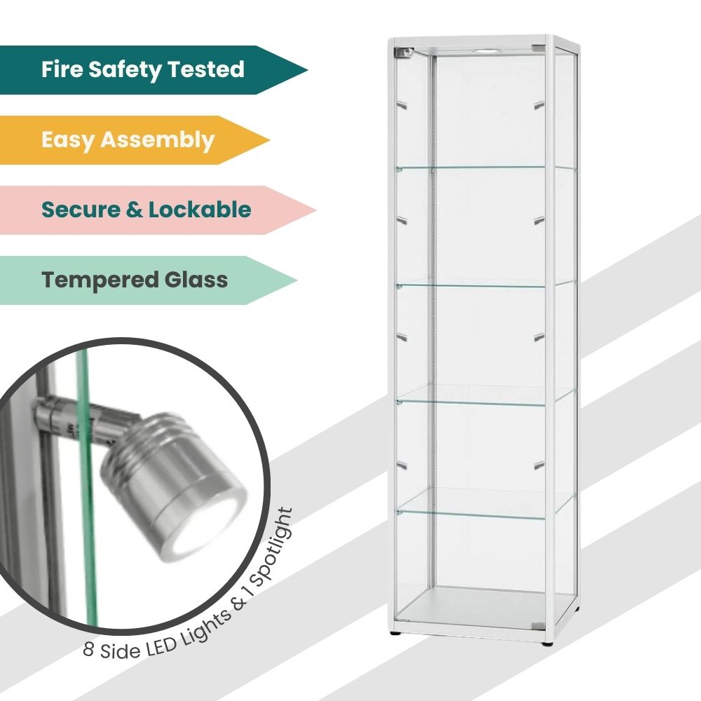 Slim silver glass showcase featuring multiple glass tiers, LED side lights, fire safety certification, and secure locking mechanism.