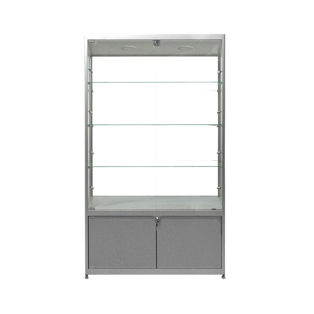 Sleek silver cabinet with glass shelving, spotlight illumination, and secure storage compartment for commercial display purposes.
