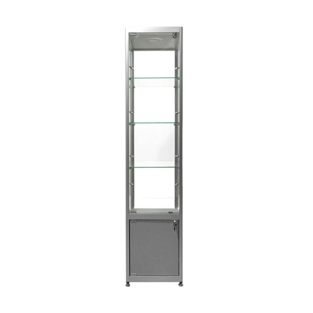 Compact silver cabinet with glass shelving, secure locking mechanism, and integrated spotlight for retail or exhibition use.