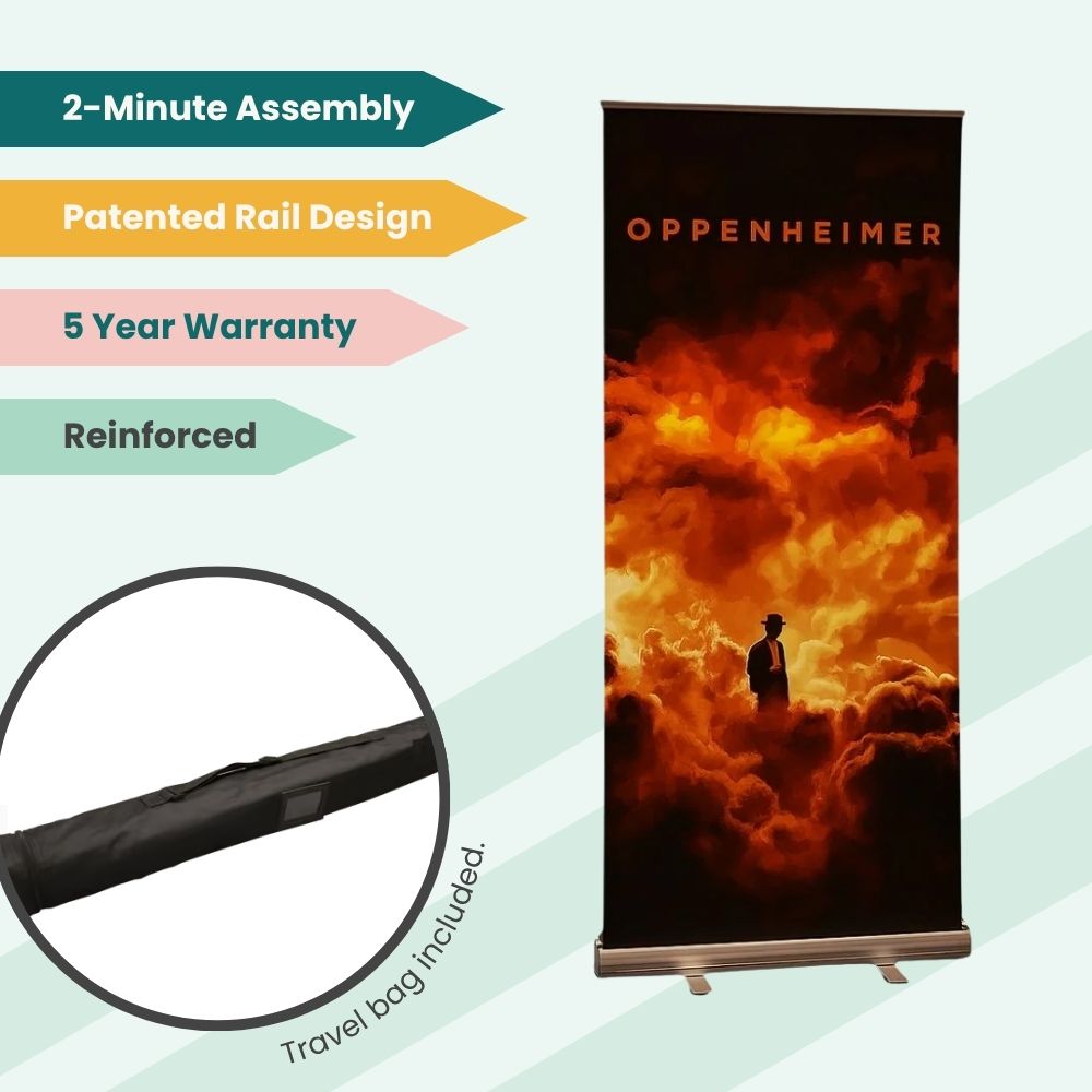Oppenheimer banner stand with reinforced frame, fast setup, and travel bag — ideal for film promotions.