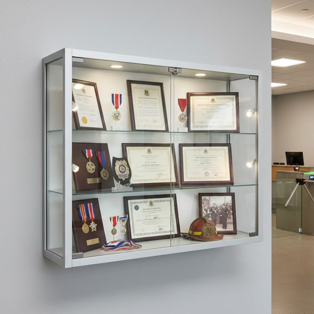 Silver wall-mounted display cabinet containing medals, framed certificates, commemorative plaques, and a ceremonial helmet in an institutional interior