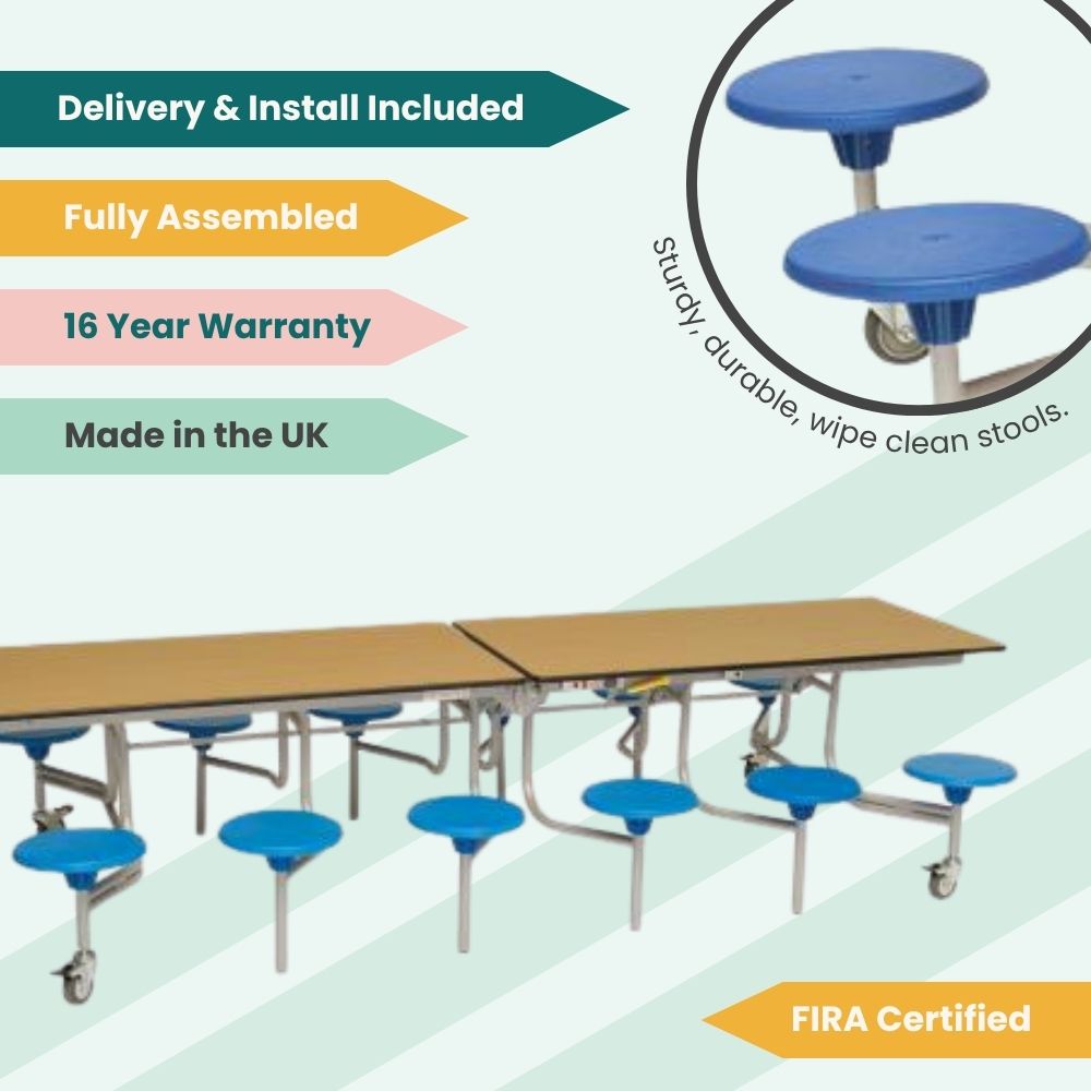Promotional graphic of 16-seat cafeteria table with blue stools and tags for UK manufacture, 16-year warranty, FIRA certification, full assembly, and delivery included.