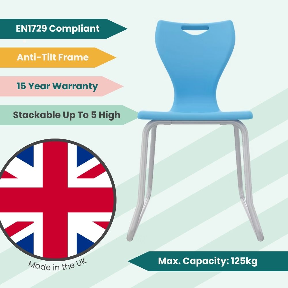 Light blue high-density classroom seat with non-marking runners on a steel sled frame, specifically engineered to prevent tipping in sixth form or college settings