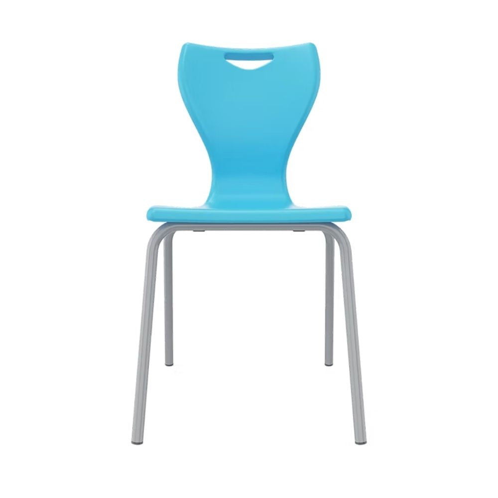 A sky blue student chair featuring posture-contoured plastic molding and a wide-base grey frame to prevent backward leaning in a classroom setting.