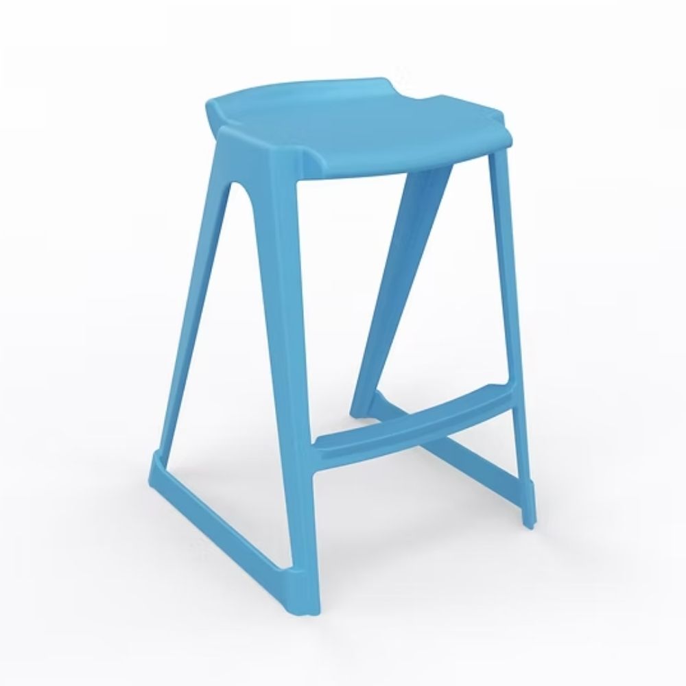 A durable azure-pigmented polymer low back stool with a 610mm seat height, featuring an integrated anti-sway chassis and a compact ergonomic frame for secure student use in science laboratories.