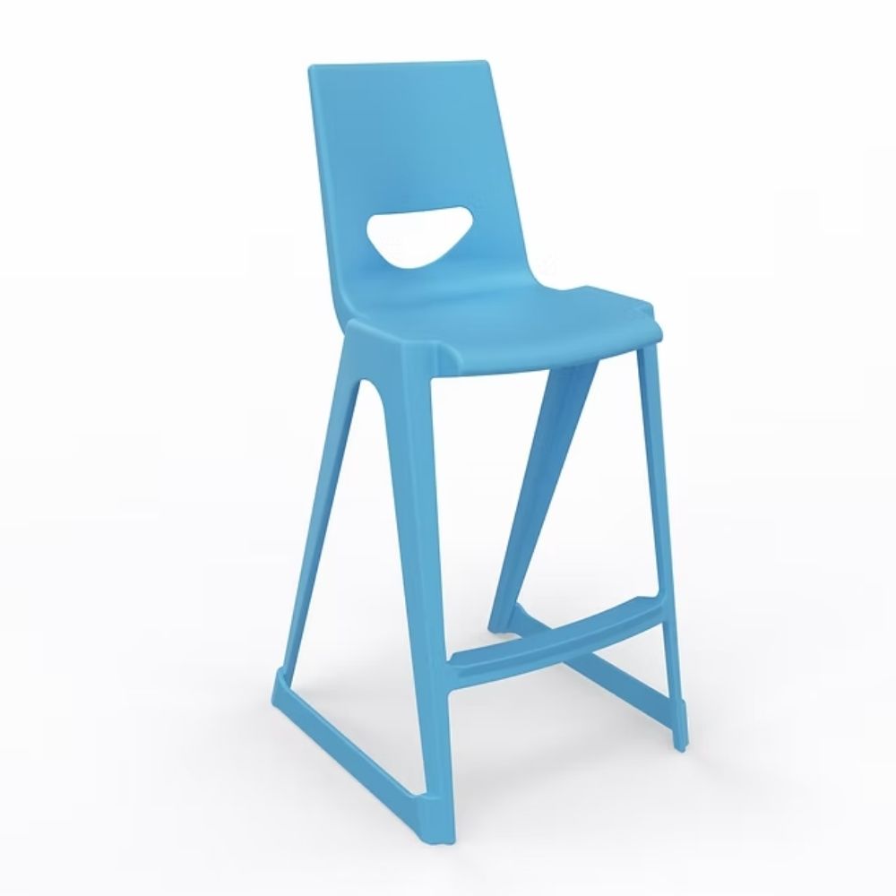 A durable azure-pigmented polymer high stool featuring a 610mm seat height, an integrated anti-sway base, and postural lumbar support for secure seating at elevated science lab benches.