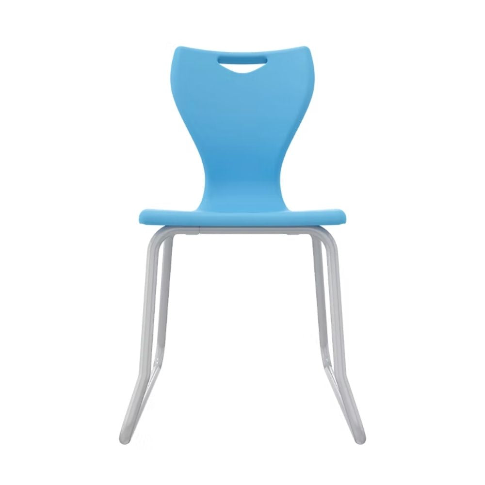 A pressure-moulded sky blue school chair featuring a looped-leg skid base designed to provide extra stability for older students and adult learners.