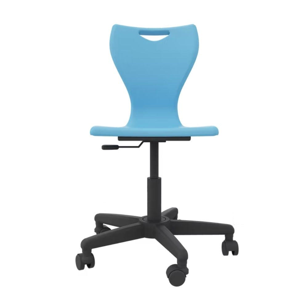 An azure-pigmented student swivel chair featuring a height-responsive pneumatic lift and a five-point star base on castors for modern school ICT workstations.